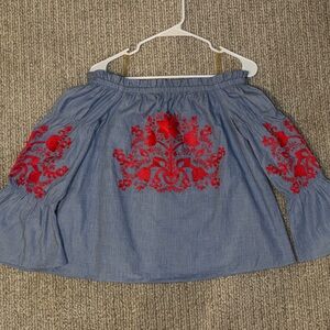 Crown & Ivy chambray off-the-shoulder top with Embroidery